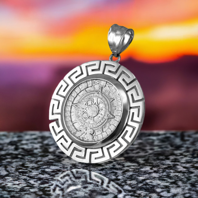 Silver Aztec Mayan Sun Calendar Pendant Necklace