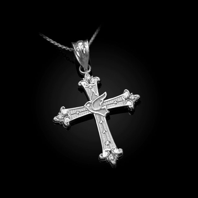 Sterling Silver Holy Spirit Dove Cross Diamond Pendant Necklace