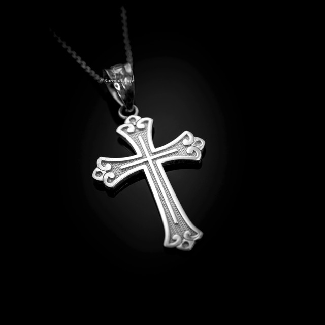 Sterling Silver  Fleur de lis Cross Religious Pendant Necklace