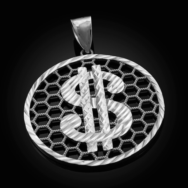 Sterling Silver Dollar Sign Round DC Honeycomb Pendant