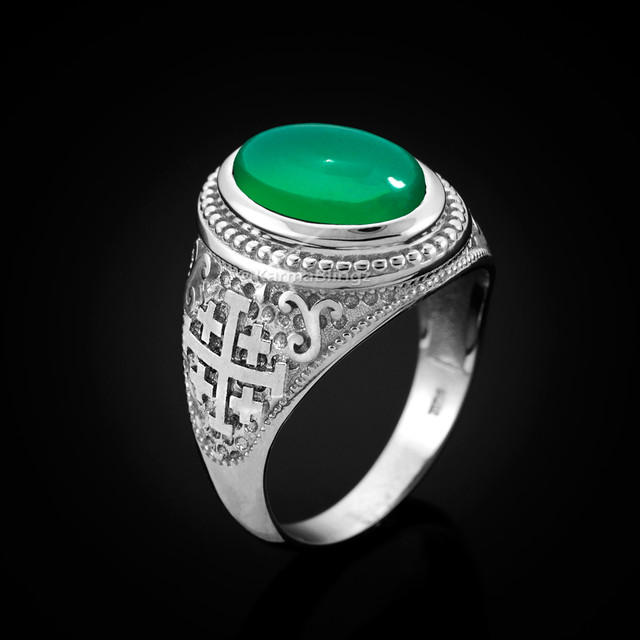 Sterling Silver Jerusalem Cross Green Onyx Gemstone Statement Ring