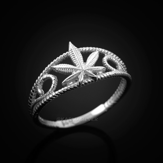 Silver Filigree Marijuana Leaf Dainty Women's Ring