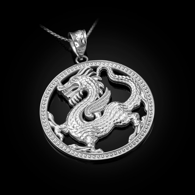 Sterling Silver Chinese Dragon Open Medallion Pendant Necklace