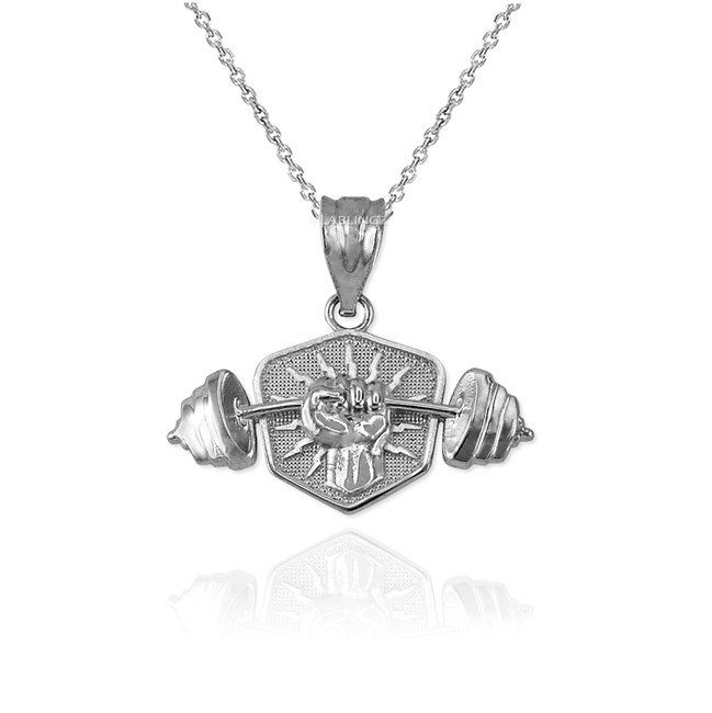 Sterling Silver Hand Weightlifting Dumbbell Pendant Necklace