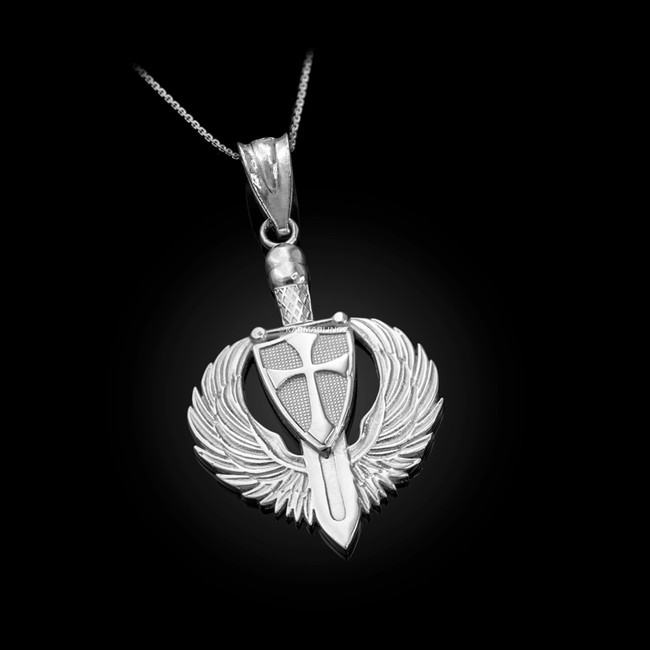 Sterling Silver Crusader Winged Sword and Shield Pendant Necklace