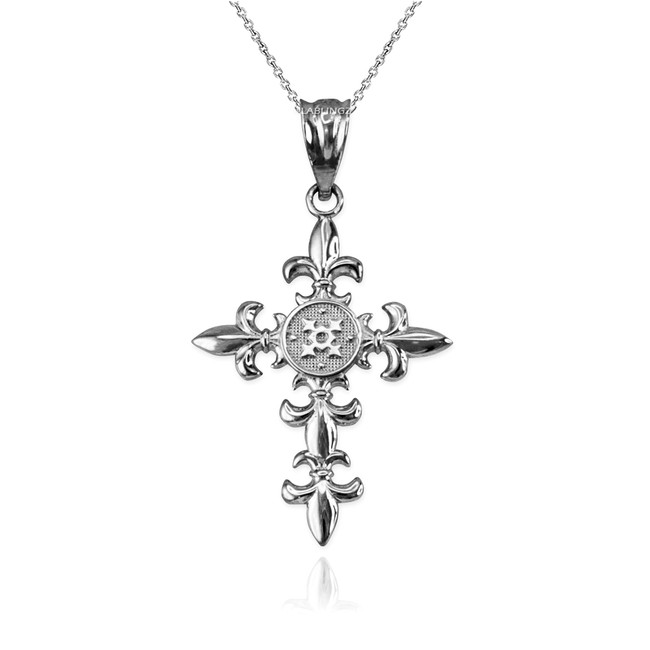 Sterling Silver Fleur de Lis Cross Pendant Necklace