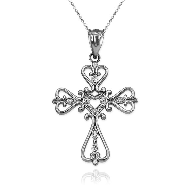 Open Heart CZ Cross Sterling Silver Pendant Necklace