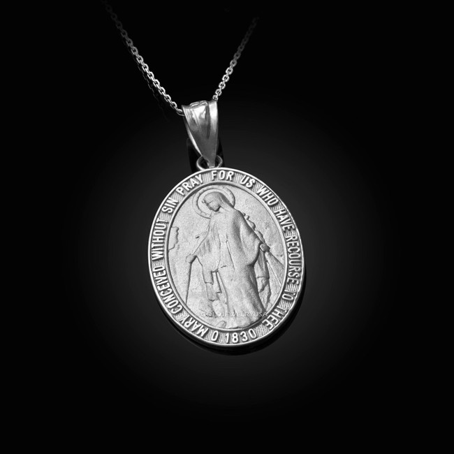 Sterling Silver Virgin Mary Conceived Without Sin Oval Satin Pendant Necklace