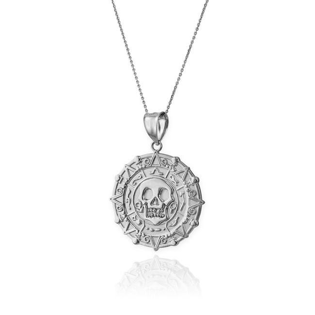 Sterling Silver  Aztec Coin Caribbean Pirates Skull Pendant Necklace