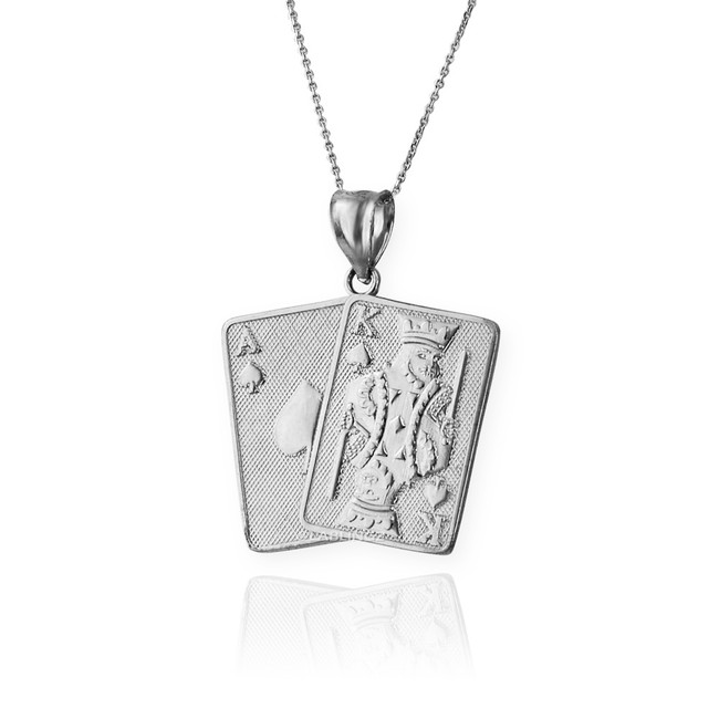 Silver Ace and King of Spades Blackjack 21 Hand Cards Charm Necklace