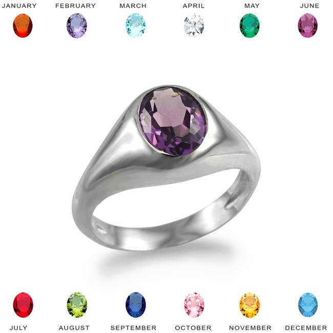 Sterling Silver Oval CZ Color Birthstone Signet Ring