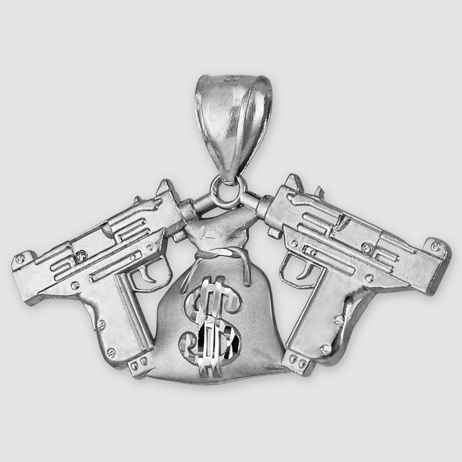 Sterling Silver Money Bag Dual Uzi Gun Satin DC Hip-Hop Pendant