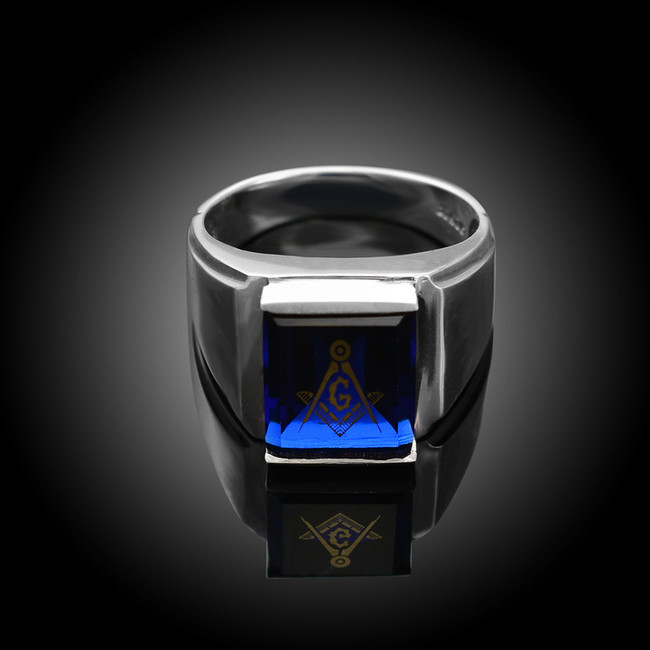 Sterling Silver Freemason Blue CZ Square & Compass Masonic Mens Ring