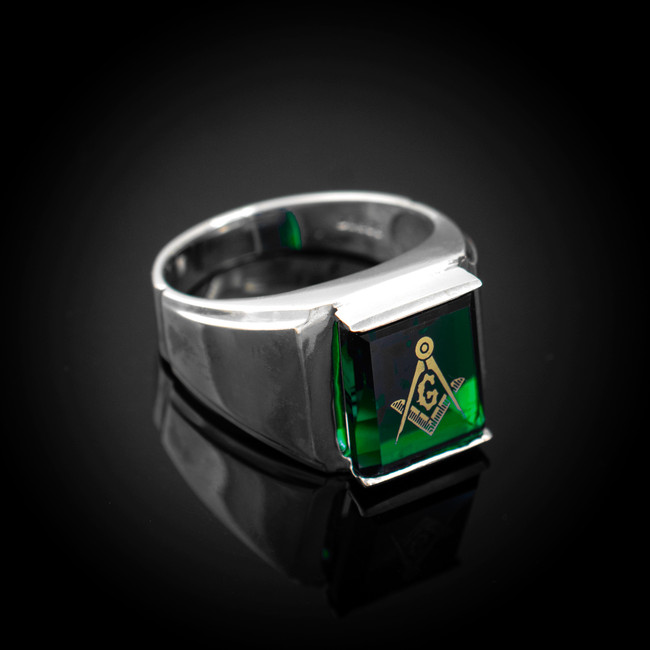Sterling Silver Freemason Green CZ Square & Compass Masonic Mens Ring