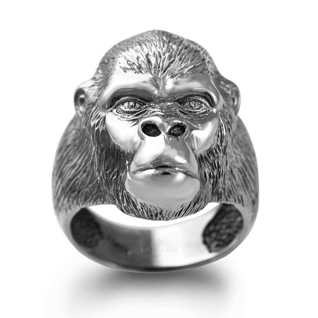 Sterling Silver Mens 3D Ape Face Monkey Ring