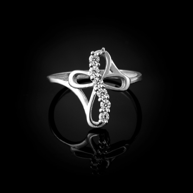 Sterling Silver Ribbon Cross CZ Infinity Ring