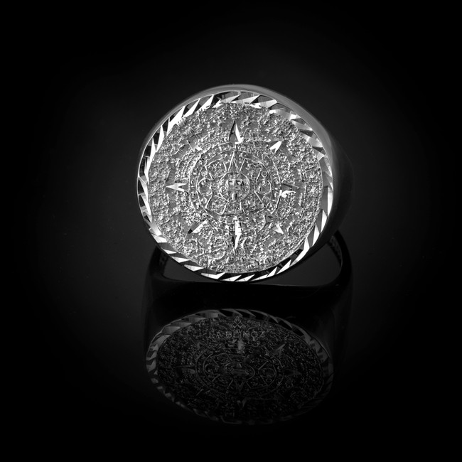 Sterling Silver Aztec Mayan Sun Calendar Men's Sparkle-Cut Statement Ring