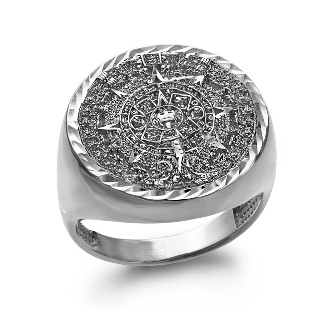 Sterling Silver Aztec Mayan Sun Calendar Men's Sparkle-Cut Statement Ring