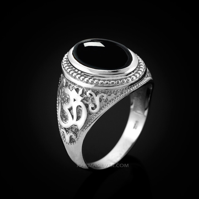 Sterling Silver Om Oval Cabochon Black Onyx Mens Yoga Ring