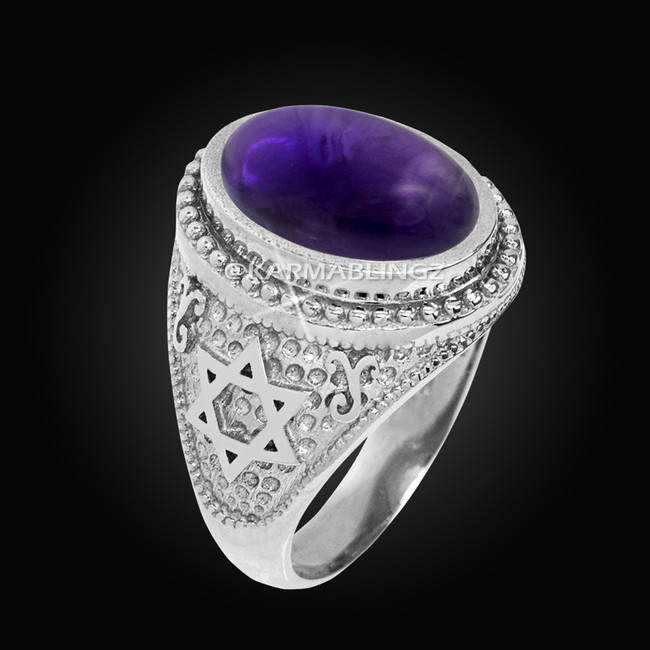 Sterling Silver Star of David Amethyst Cabochon Jewish Statement Ring