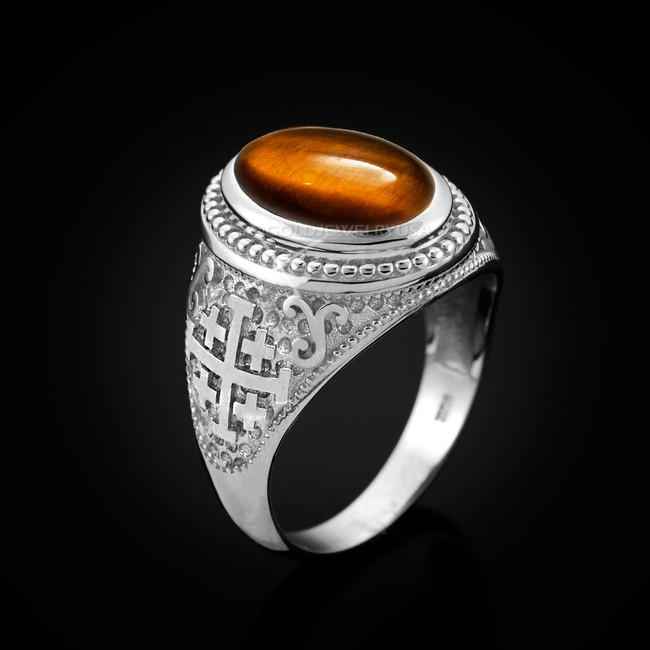 Sterling Silver Jerusalem Cross Tiger Eye Gemstone Ring