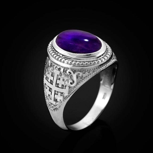 Sterling Silver Jerusalem Cross Amethyst Cabochon Statement Ring