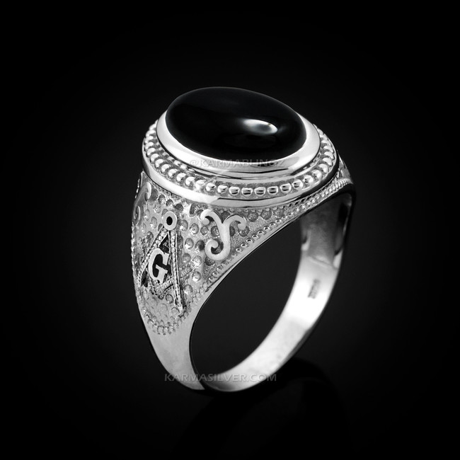 Sterling Silver Masonic Ring with Black Onyx Gemstone