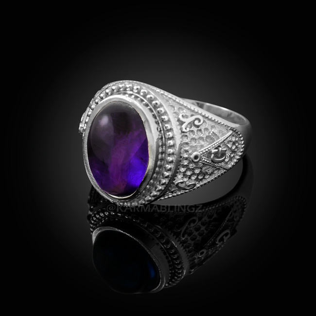 Sterling Silver Masonic Ring with Purple Amethyst Cabochon