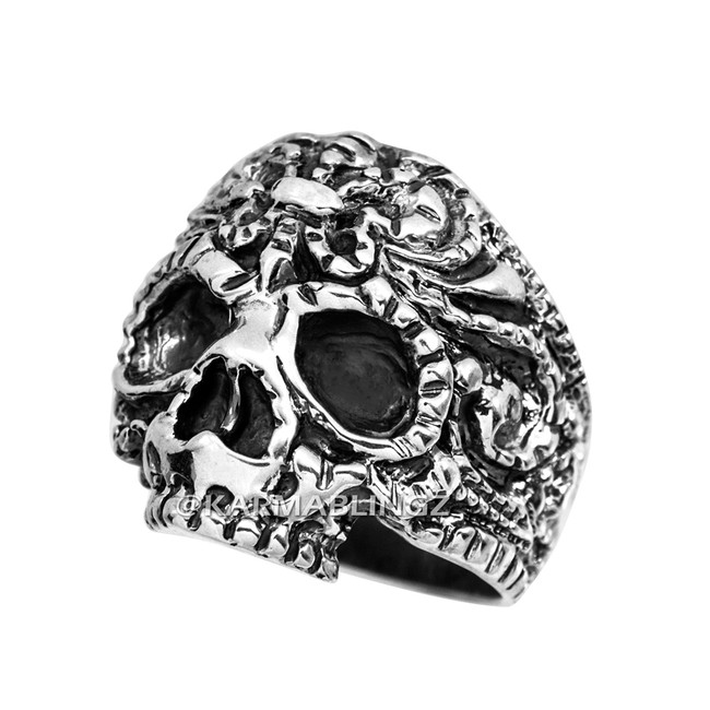 Solid Sterling Silver Skull Head Fleur-de-Lis Biker Ring