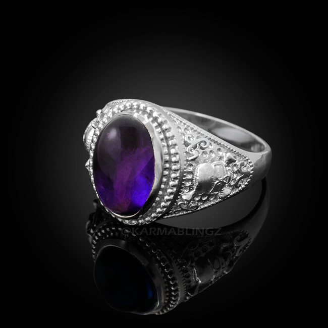 Sterling Silver Skull and Bone Purple Amethyst Biker Birthstone Ring