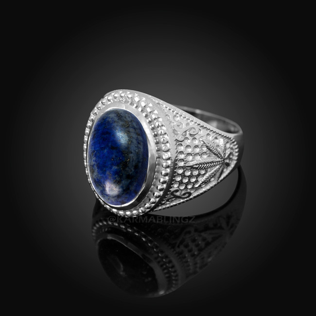 Sterling Silver Marijuana Weed Lapis Lazuli Statement Ring