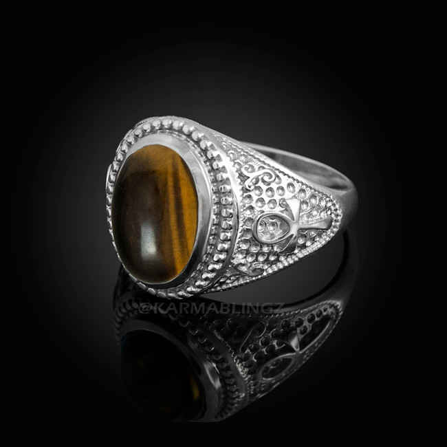 Sterling Silver Egyptian Ankh Cross Tiger Eye Statement Ring