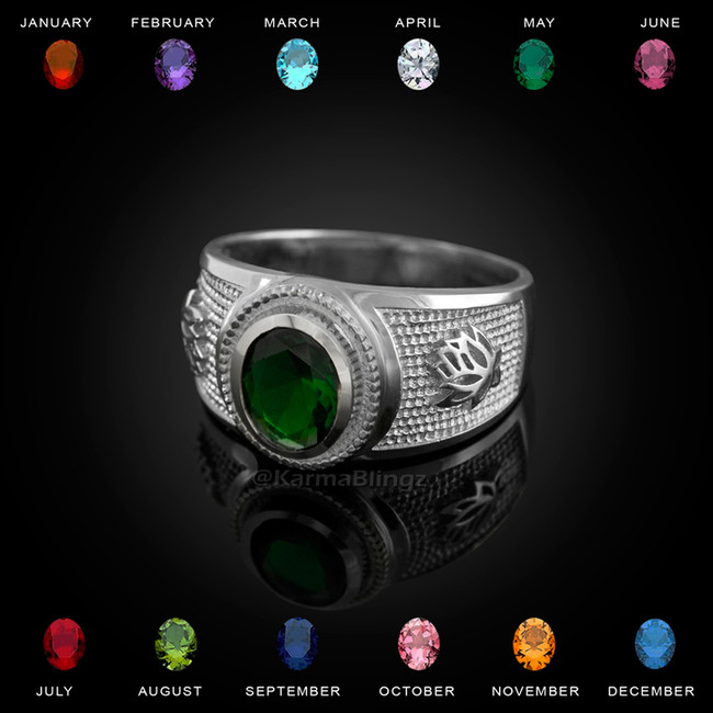 Sterling Silver Lotus Flower Yoga CZ Birthstone Ring