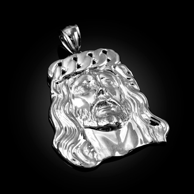 Sterling Silver Jesus Face Cuban Link Crown Polished Pendant