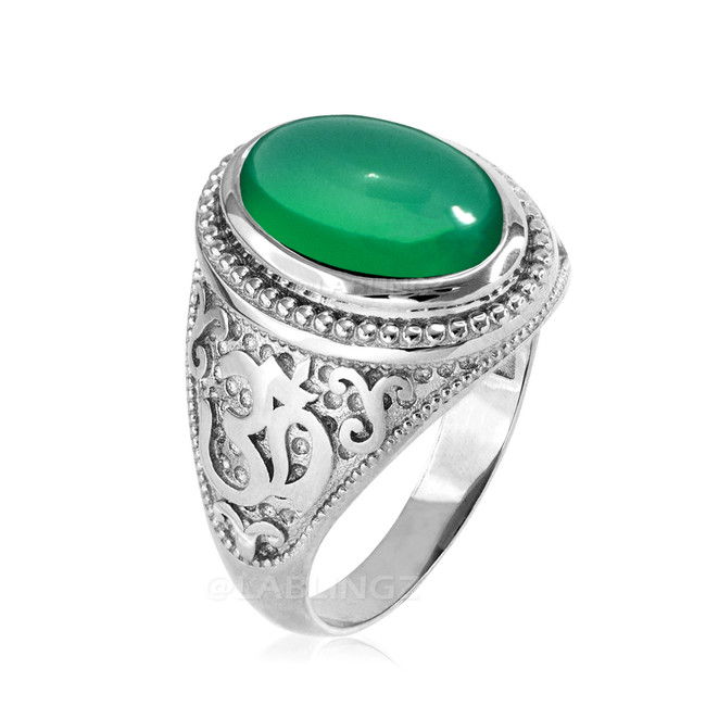 Sterling Silver Om (Aum) Green Onyx Yoga Ring