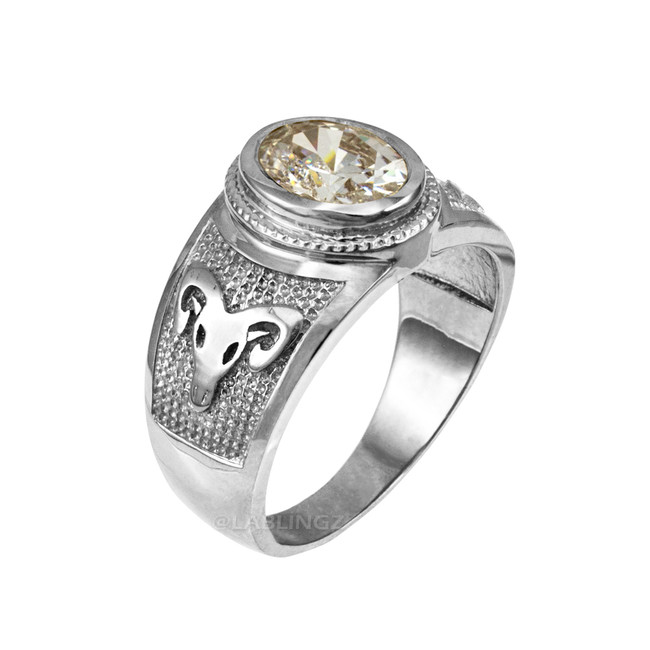 Sterling Silver Aries Zodiac Sign April Birthstone Clear CZ Ring