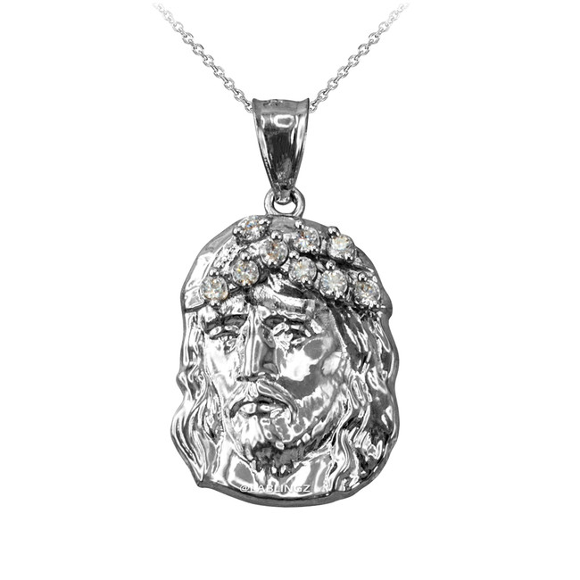 Sterling Silver Jesus Face CZ Charm Necklace
