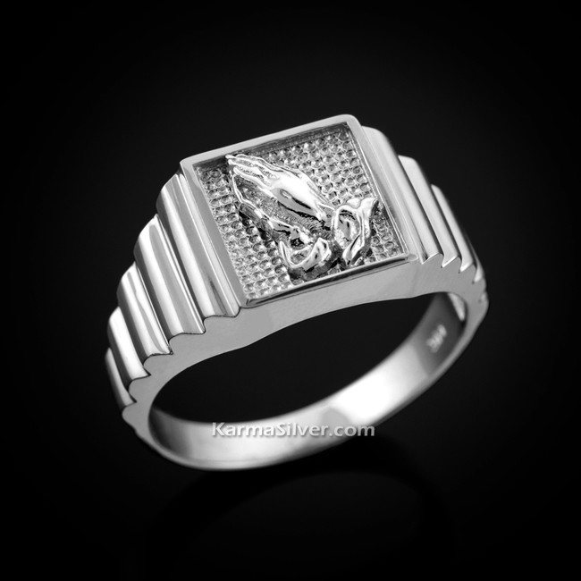 Sterling Silver Praying Hands Square Mens Religious Ring