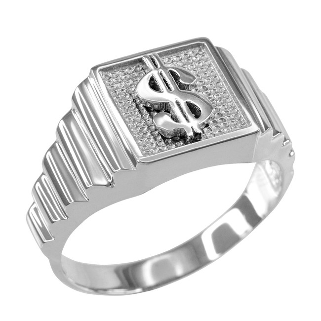 Sterling Silver Cash Money Dollar Sign Square Mens Ring