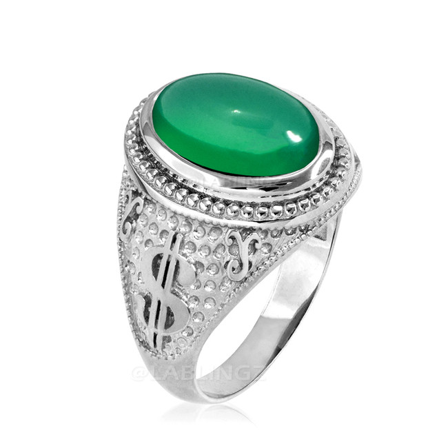 Sterling Silver Cash Money Dollar Sign Green Onyx Statement Ring