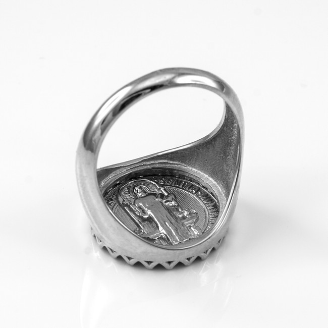 Solid Sterling Silver Saint Benedict Medal Mens Ring