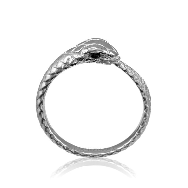 Sterling Silver Ouroboros Tail Biting Snake Black Diamond Ring