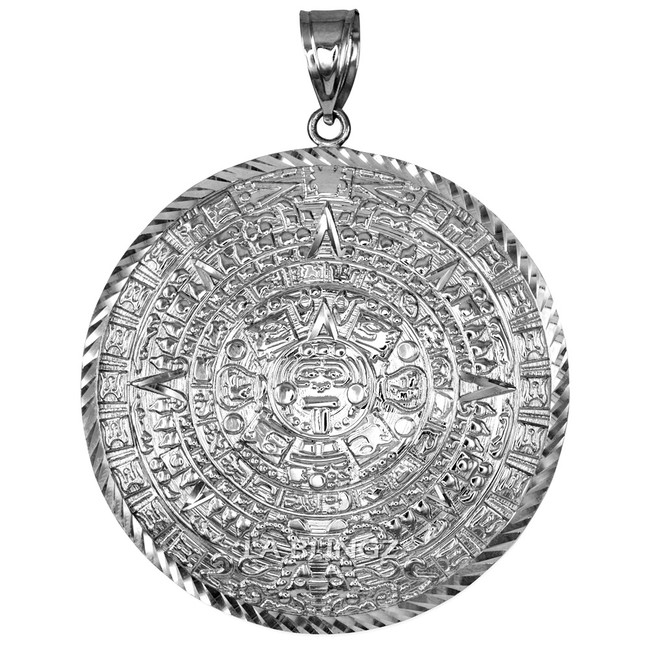 Sterling Silver Aztec Mayan Sun Calendar Extra Large Pendant (XL/XXL)