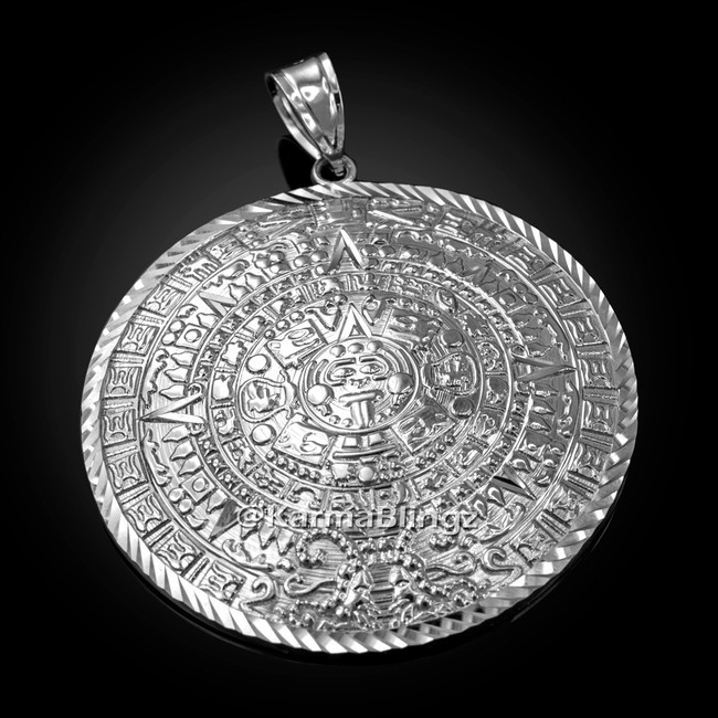 Sterling Silver Aztec Mayan Sun Calendar Extra Large Pendant (XL/XXL)