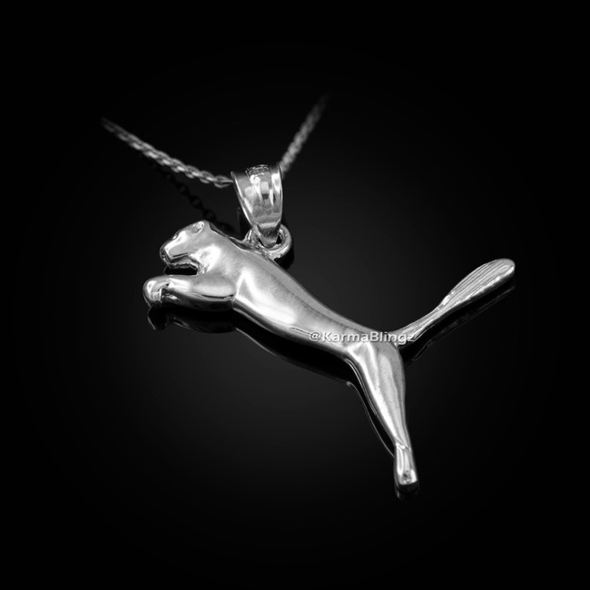 Sterling Silver Jumping Puma Cat Pendant Necklace