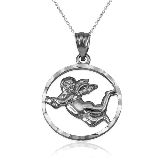 Sterling Silver Flying Angel Round DC Pendant Necklace