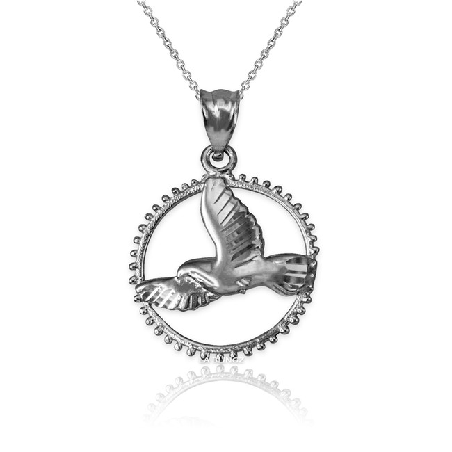 Sterling Silver Dove of Peace Round DC Pendant Necklace