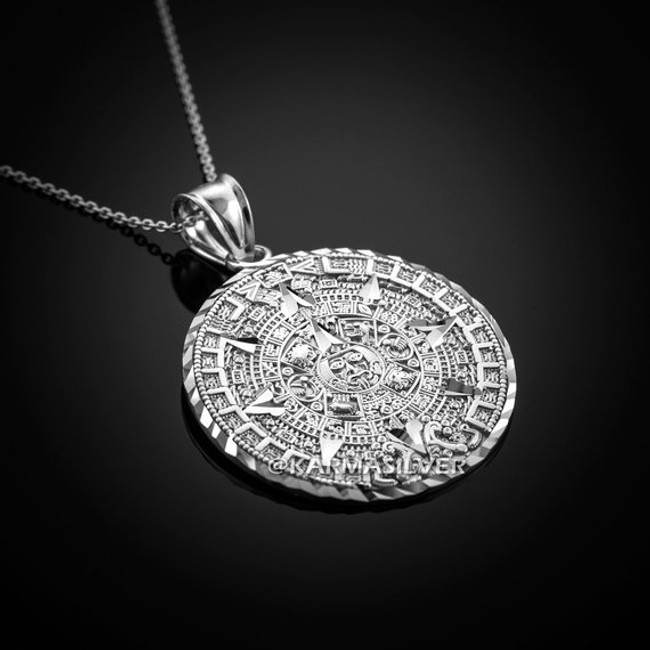 Sterling Silver Aztec Mayan Sun Calendar Pendant Necklace
