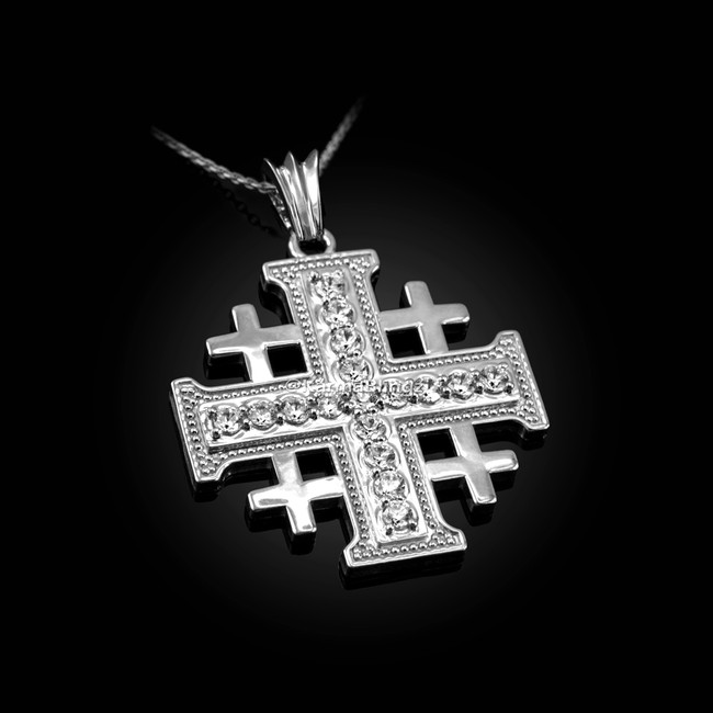 Sterling Silver Jerusalem Cross CZ Pendant Necklace