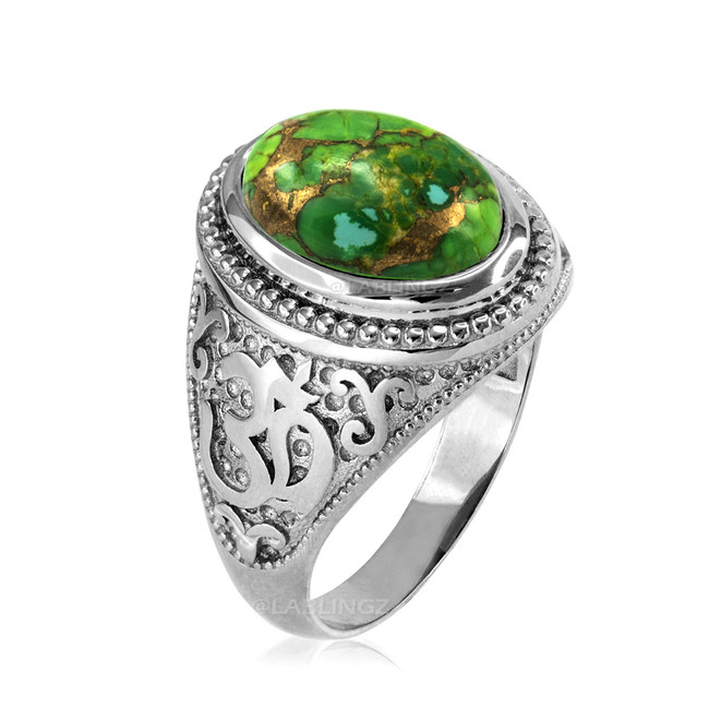 Sterling Silver Om (Aum) Green Copper Turquoise Oval Yoga Ring